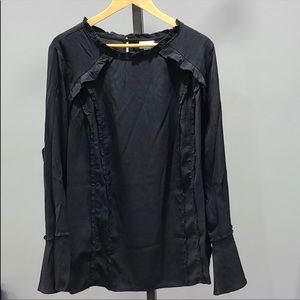 AVA&ViV Black Bell Sleeves Ruffled Trim Top